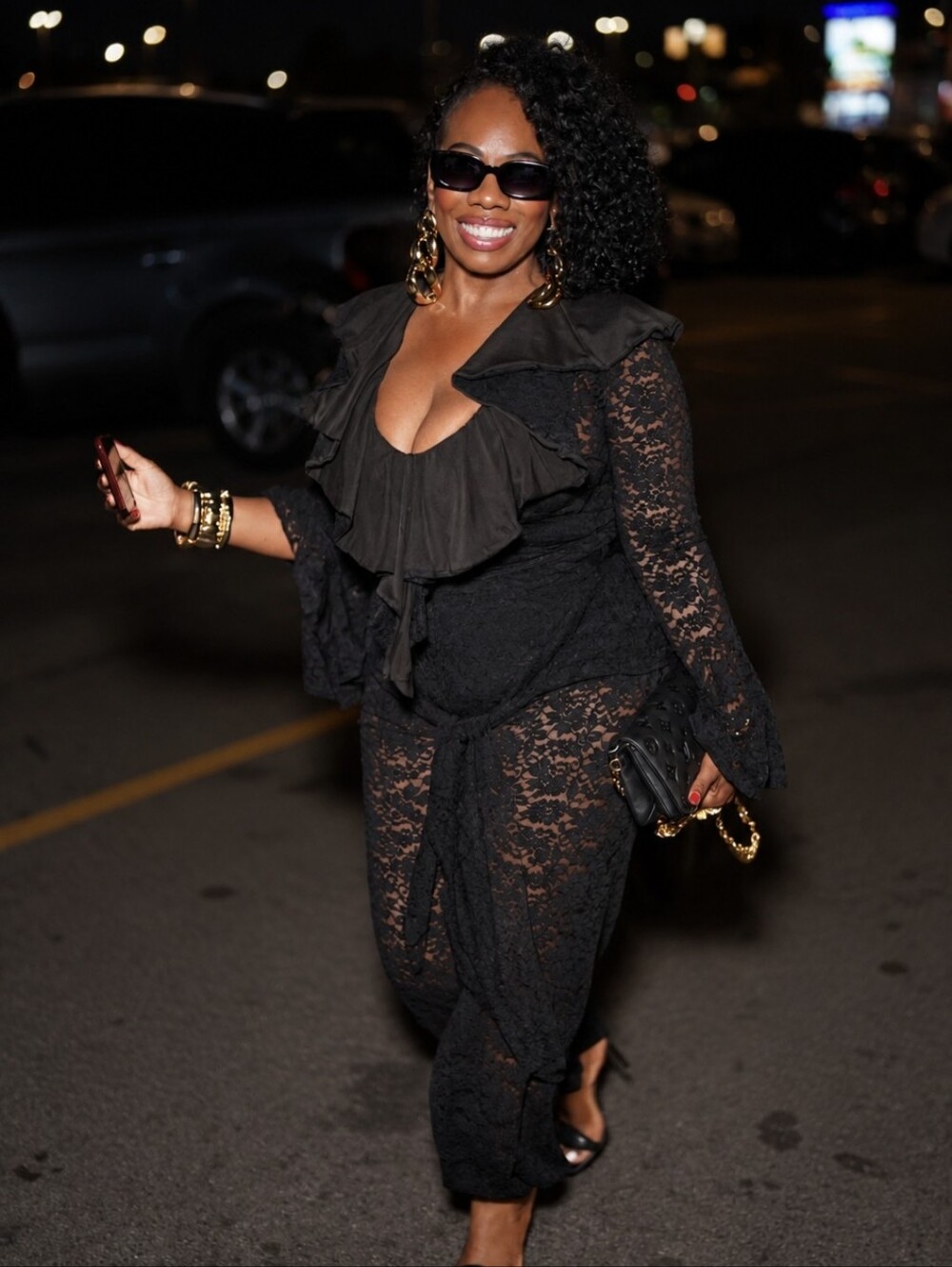 Women's Black Lace 2 Piece Pant Suit with Ruffle Neckline